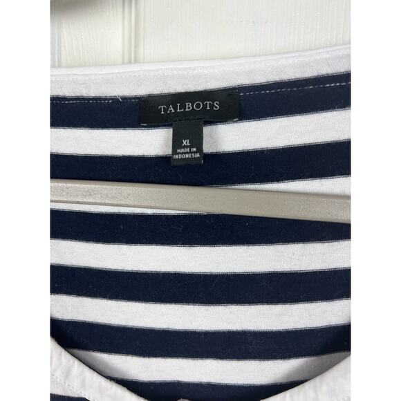 Talbots XL Blue White Stripe Cotton Short Balloon Sleeve Blouse Top Preppy - Picture 2 of 5
